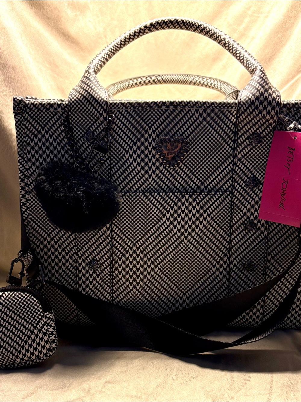 Betsey Johnson Black & White Houndstooth Tote with Pom Charm